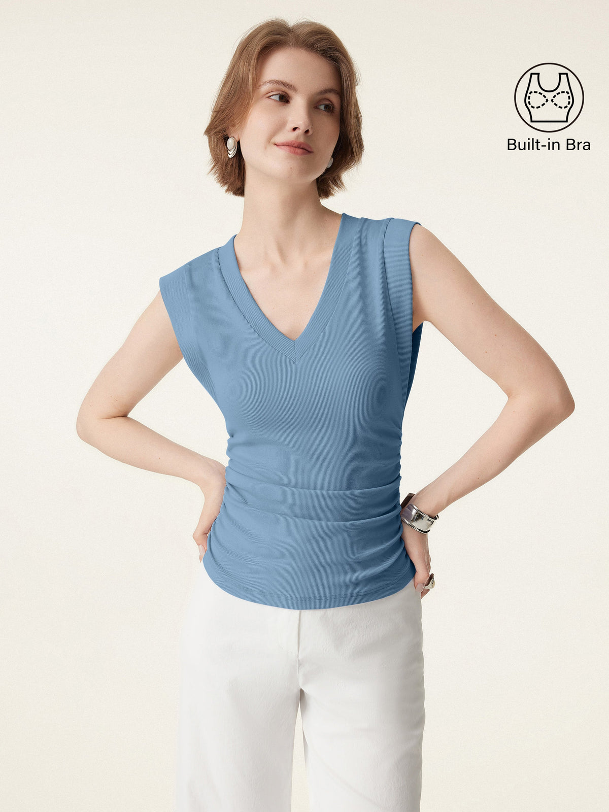 OGLmove Women's Stretch Cotton V-Neck Side Ruched Muscle Bra Top