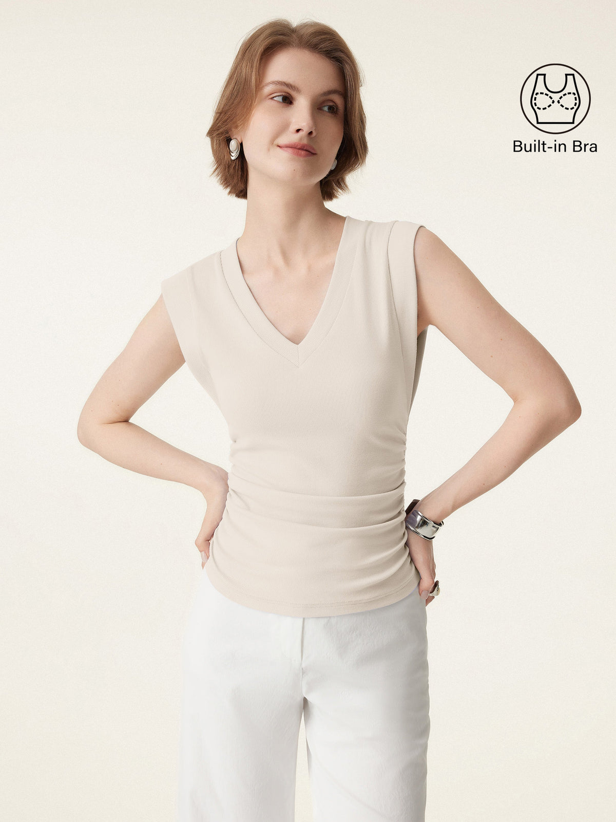 OGLmove Women's Stretch Cotton V-Neck Side Ruched Muscle Bra Top