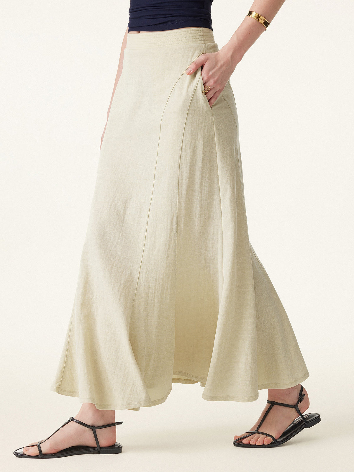 OGLmove Women's Wrinkle-Resistant Cotton-Linen Pull-On Midi Skirt