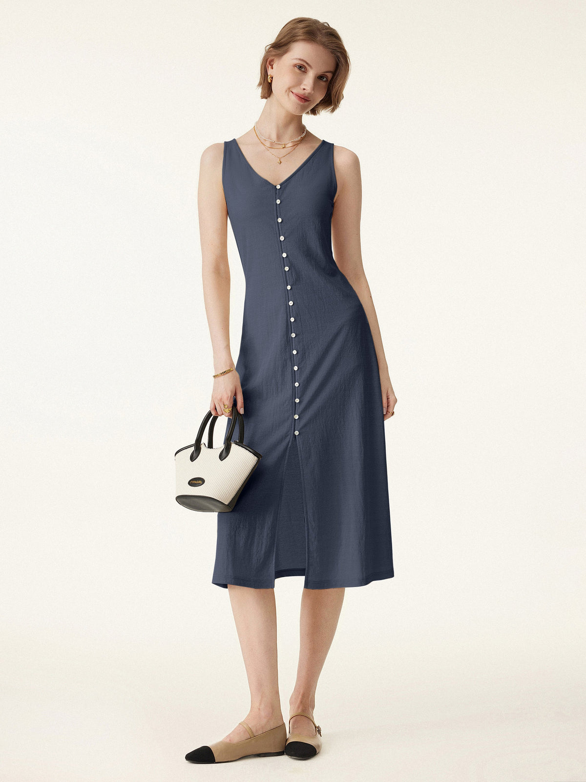 OGLmove Women's V-Neck Button Front Midi Vest Dress
