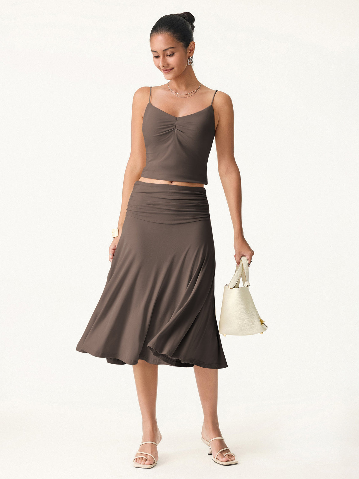 OGLmove Women's Side Ruched A-Line Midi Skirt