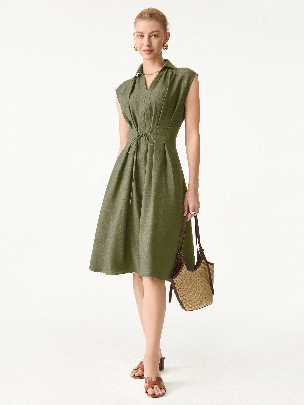 OGLmove Women's Viscose-Linen Collared V-Neck Midi Dress with Drawstring