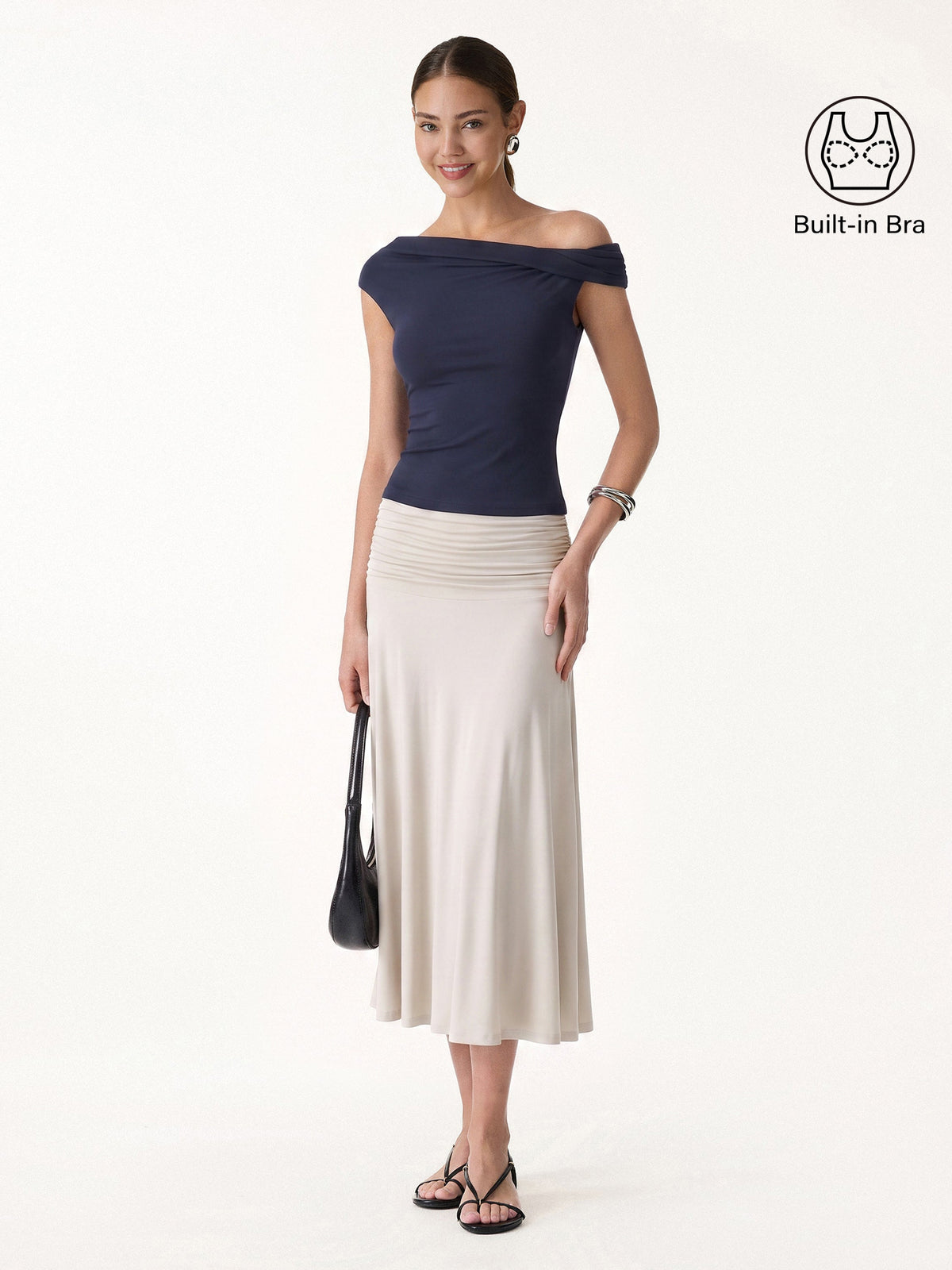 OGLmove Women's Multi-Wear Bra Top & Side Ruched A-Line Midi Skirt Set