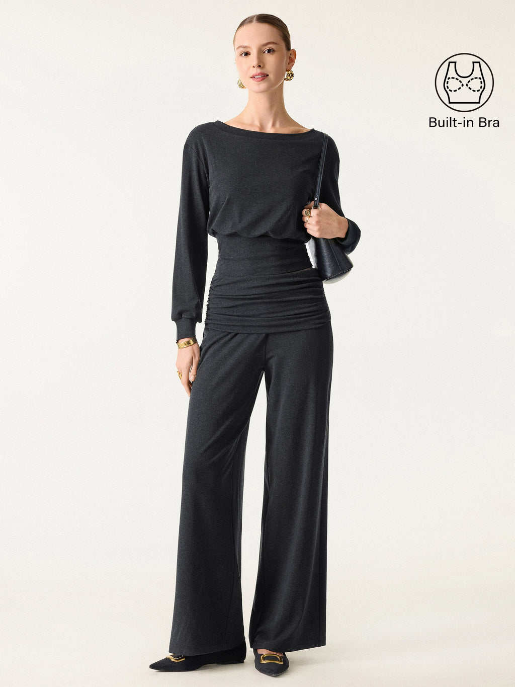 OGLmove Women's Boatneck Bra & Wide Leg Pants Set with Pockets