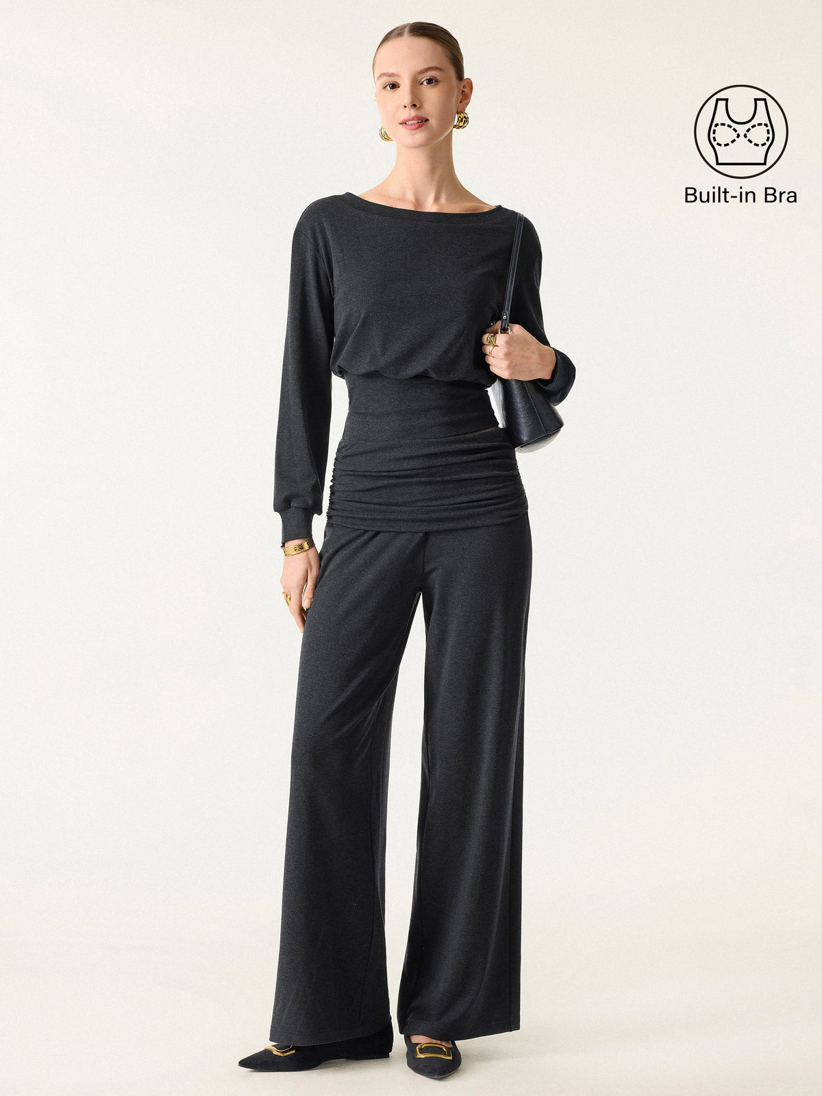 OGLmove Women's Boatneck Bra & Wide Leg Pants Set with Pockets