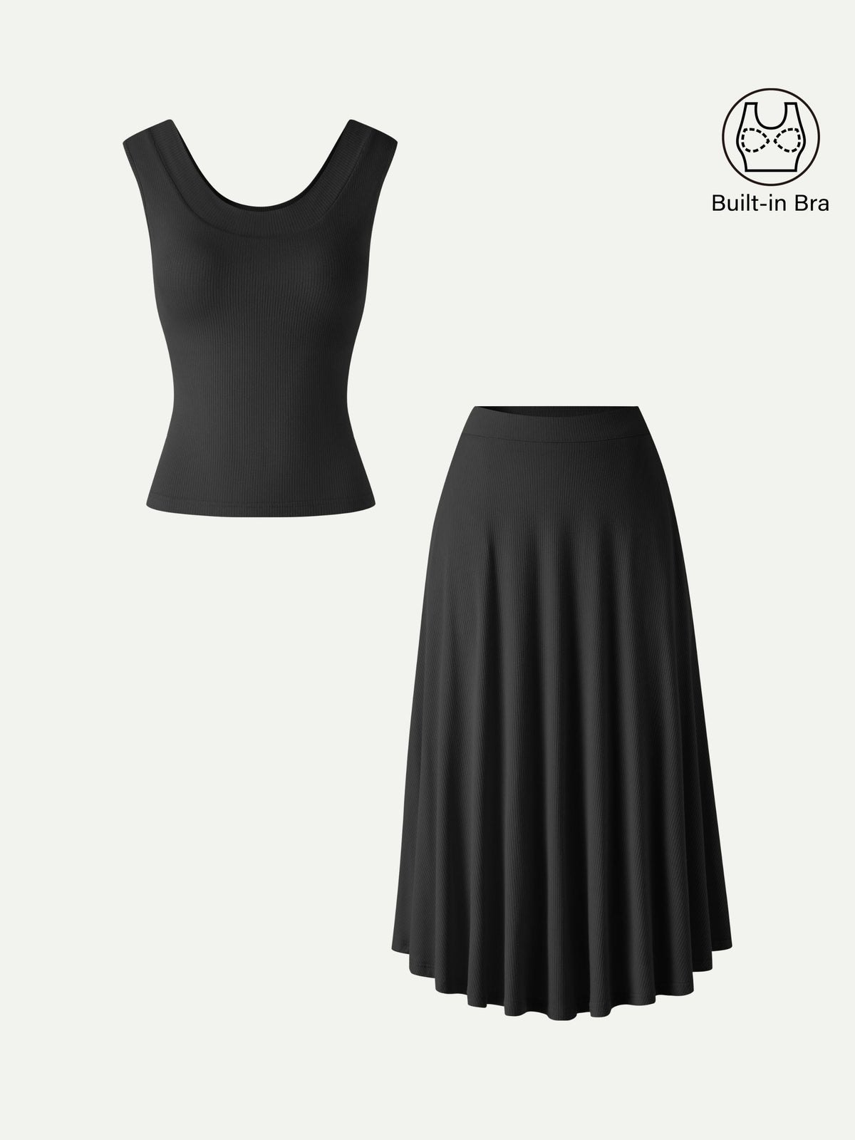 OGLmove Women's U-Neck Bra Tank & Midi Skirt Set with Pockets