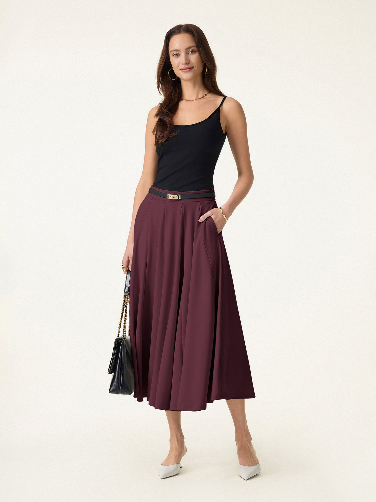 OGLmove Women's Lyocell Blend Volume Midi Skirt with Pockets
