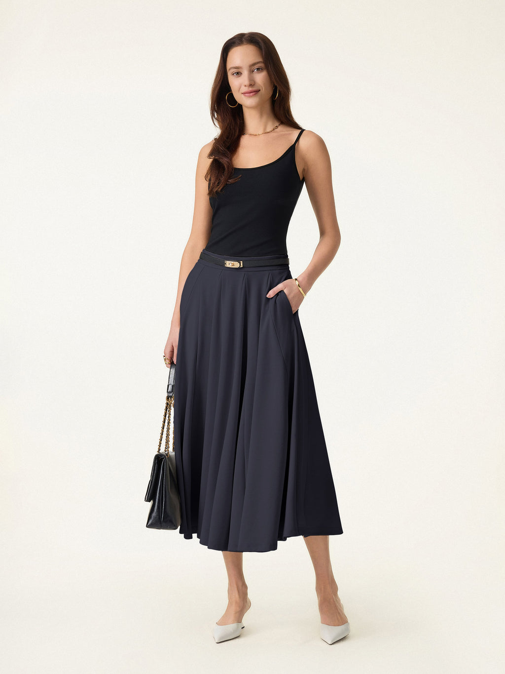 OGLmove Women's Lyocell Blend Volume Midi Skirt with Pockets