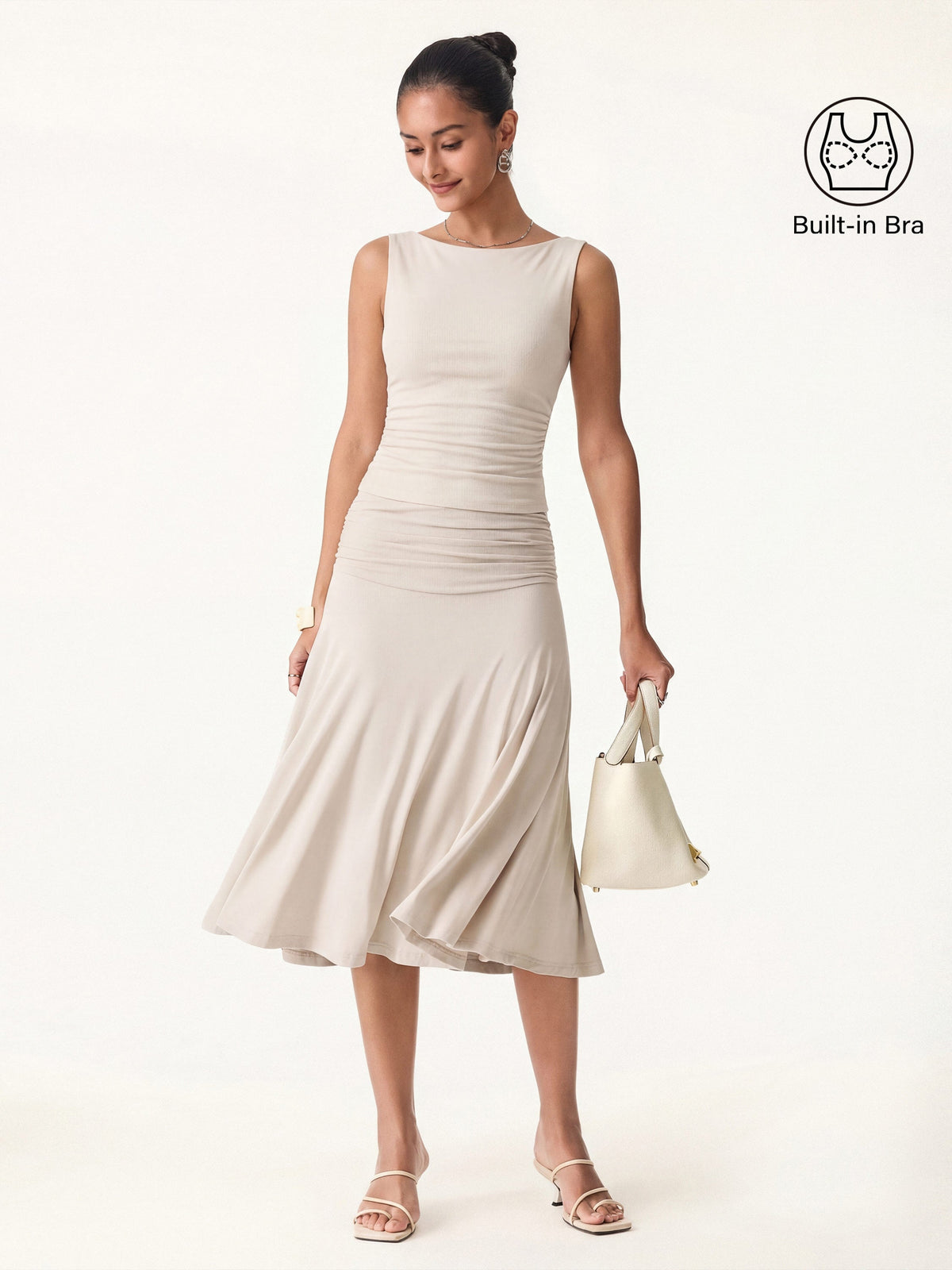 OGLmove Women's Open Back Bra Tank & Side Ruched A-line Midi Skirt Set