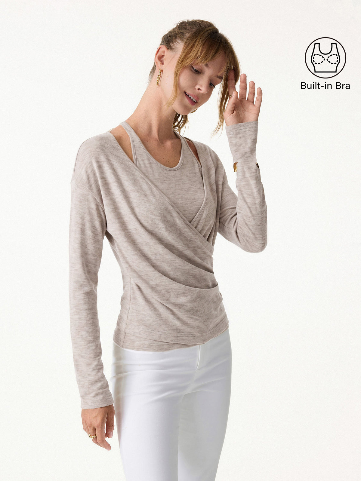 OGLmove Women's Eco-MiYaMoon Cashmere Blend Long Sleeve Surplice Ruched Cami Top