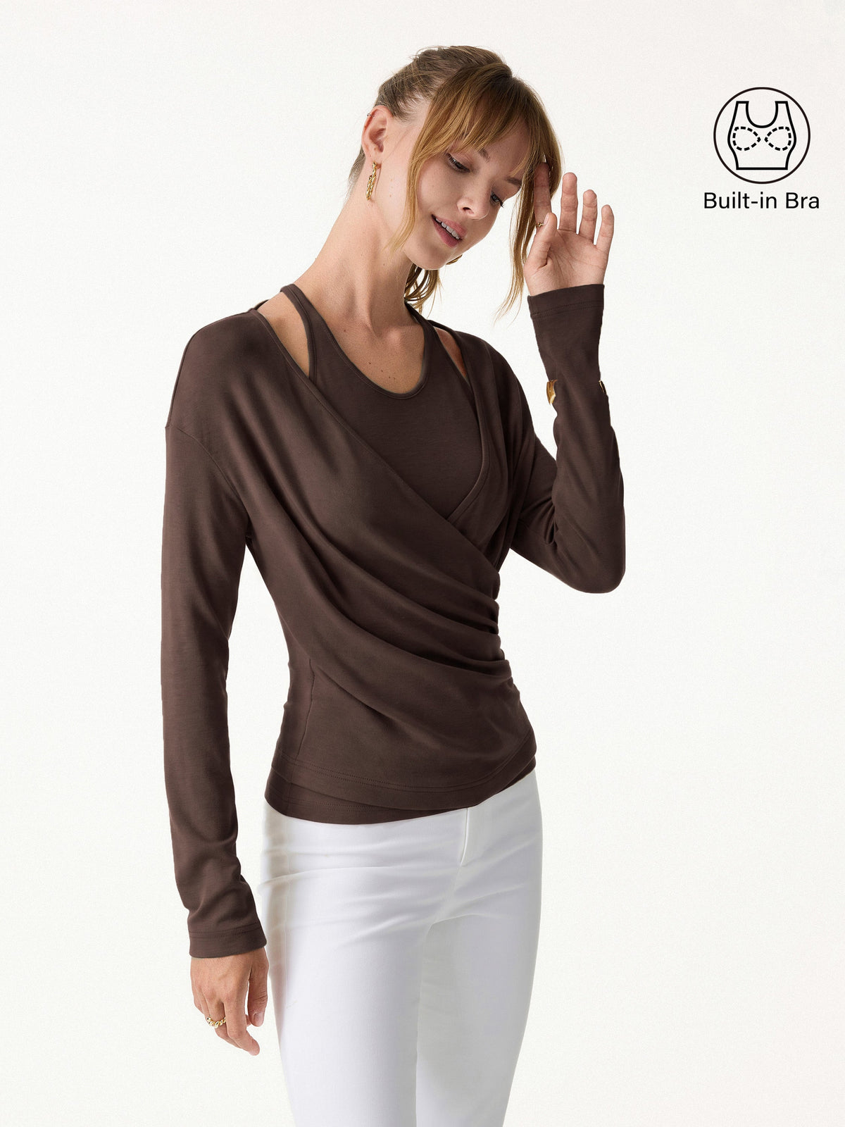 OGLmove Women's Eco-MiYaMoon Cashmere Blend Long Sleeve Surplice Ruched Cami Top