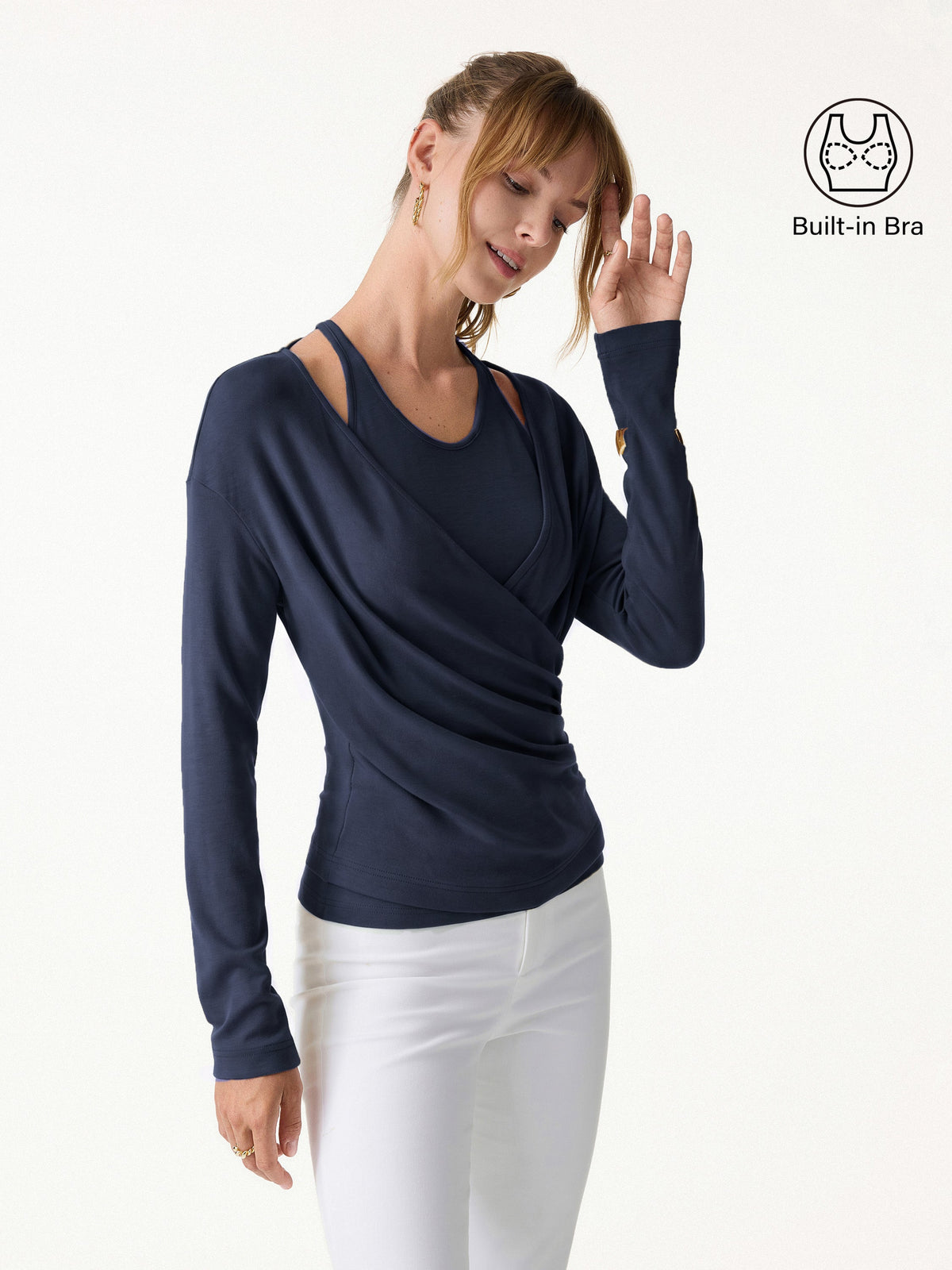 OGLmove Women's Eco-MiYaMoon Cashmere Blend Long Sleeve Surplice Ruched Cami Top