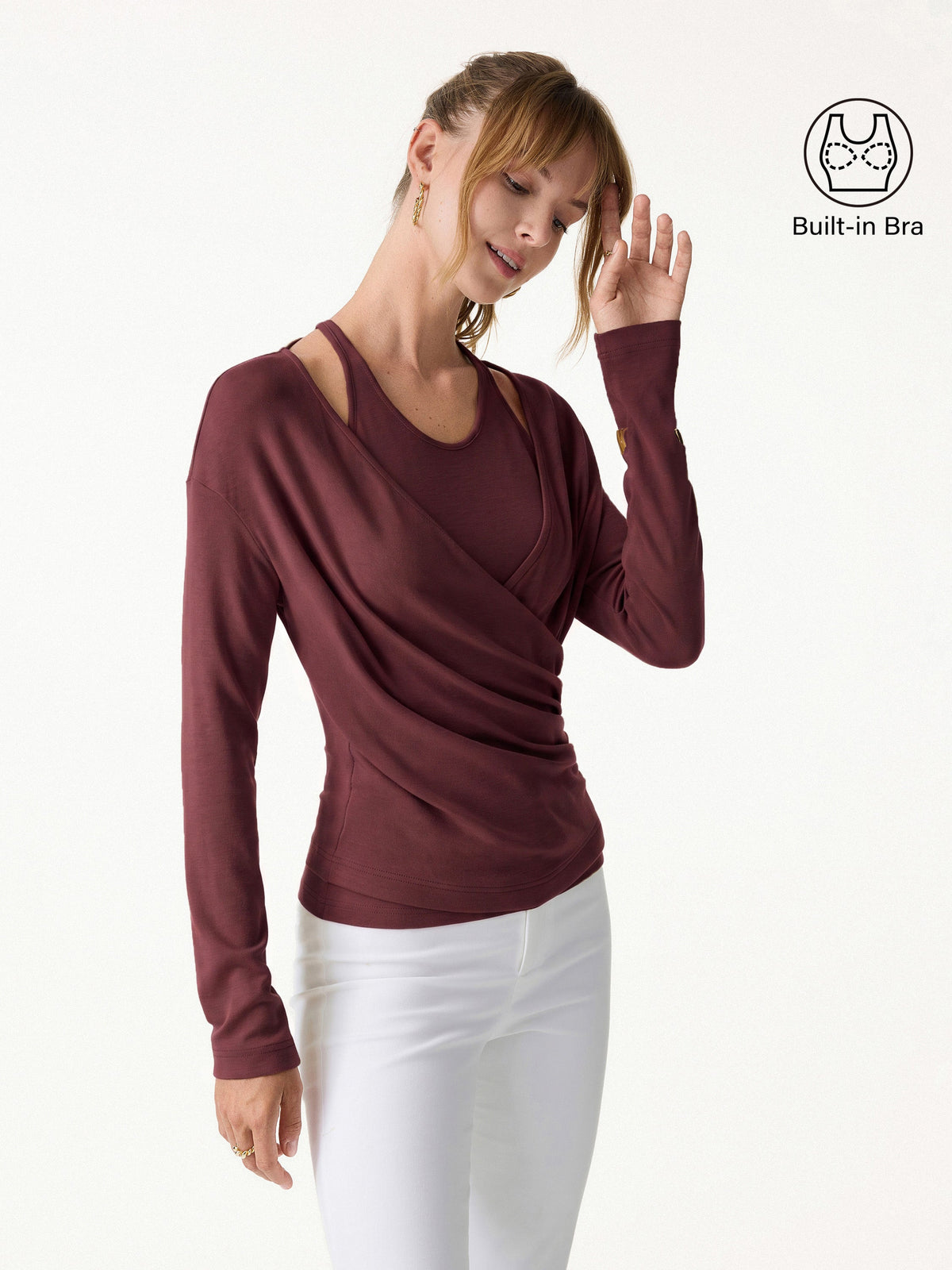 OGLmove Women's Eco-MiYaMoon Cashmere Blend Long Sleeve Surplice Ruched Cami Top