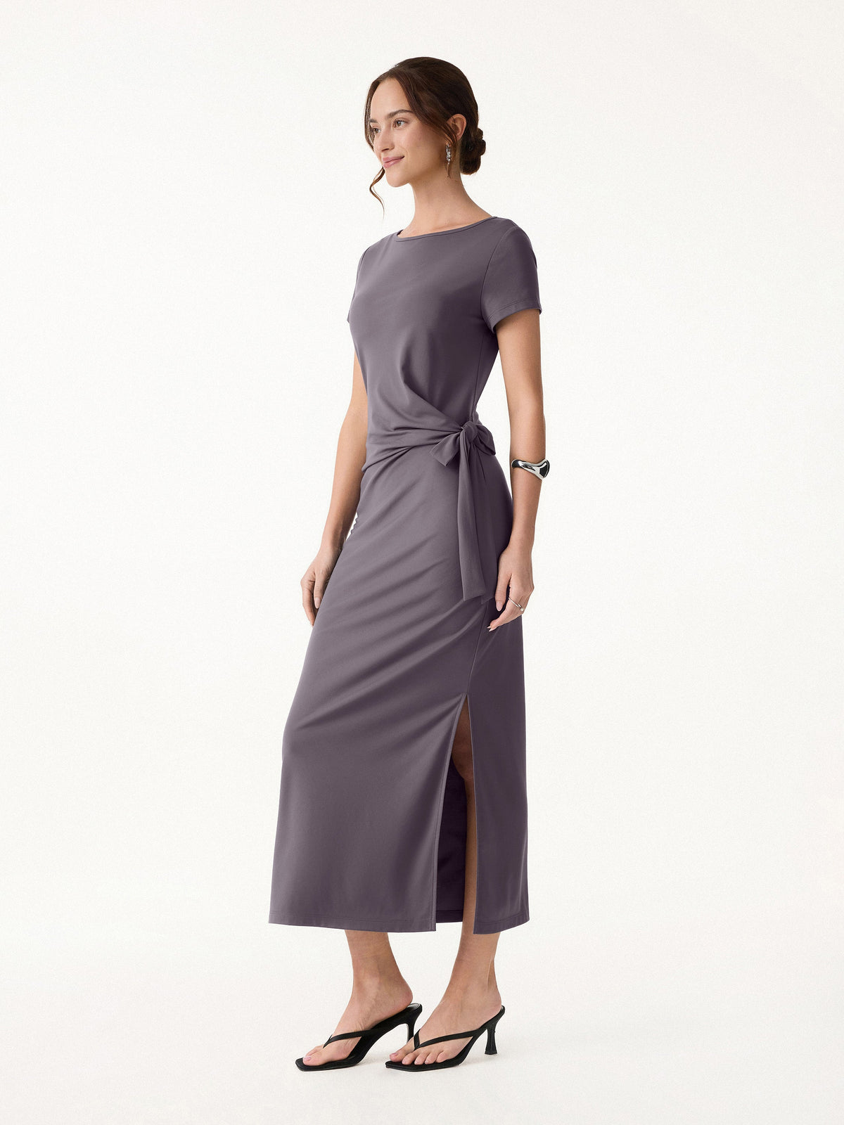 OGLmove Women's Cooling Wrinkle-Resistant Side Waist Tie Midi Dress with Slit