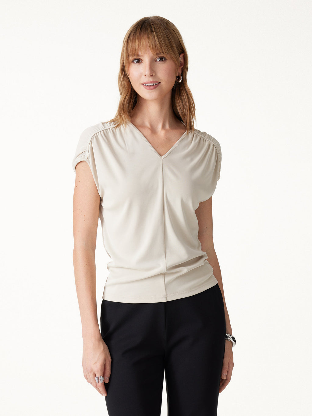 OGLmove Women's Sandwashed Modal Relaxed V-Neck Gathered Shoulder Top
