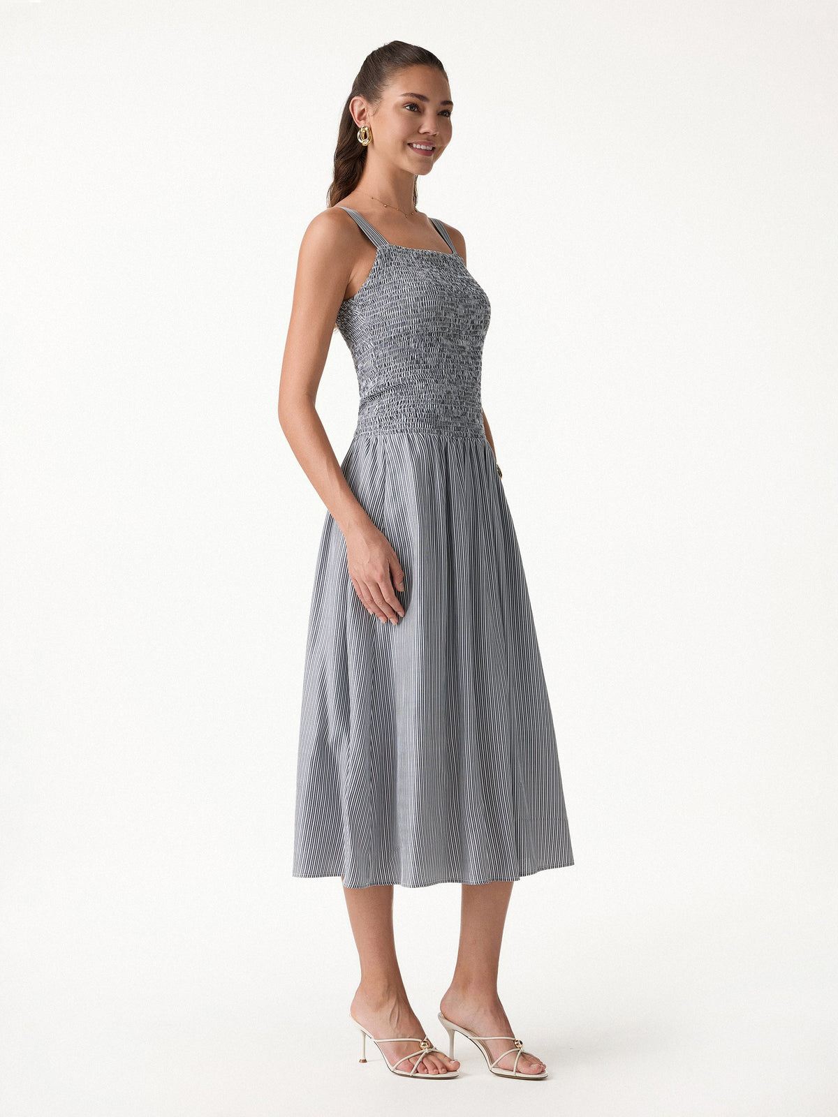 OGLmove Women's Striped Poplin Square Neck Smocked Midi Bra Dress