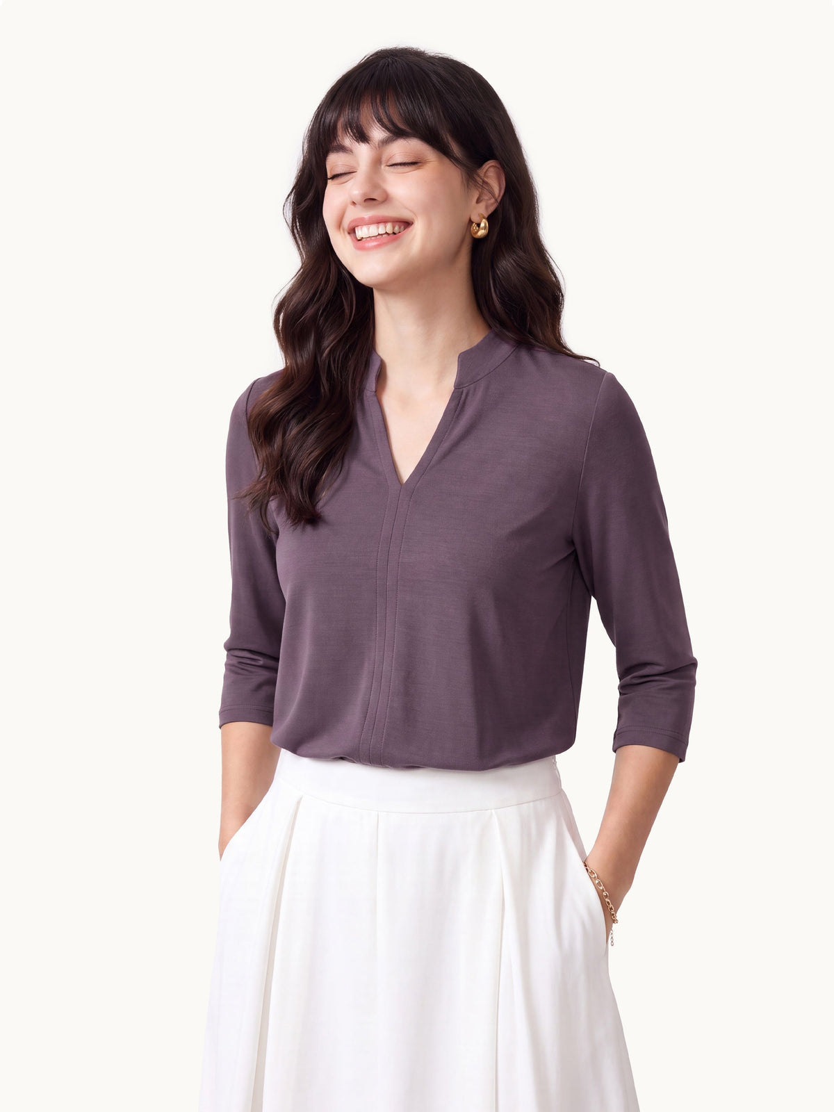 OGLmove Women's Lyocell Spacer Knit V-Neck Elbow Sleeve Banded Top