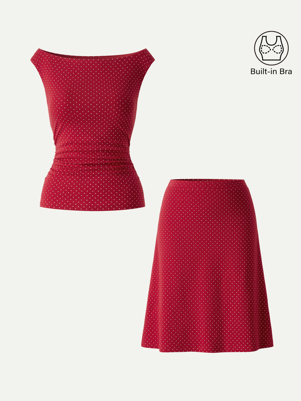 OGLmove Women's Polka Dot Boatneck Bra Top & A-Line Flare Skirt Set