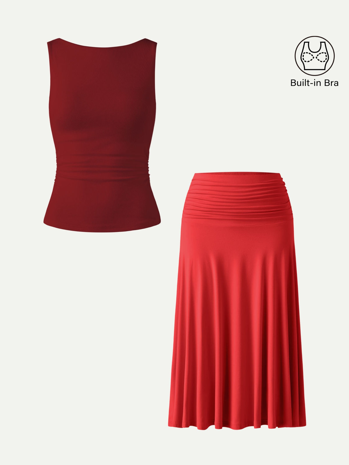 OGLmove Women's Open Back Bra Tank & Side Ruched A-line Midi Skirt Set