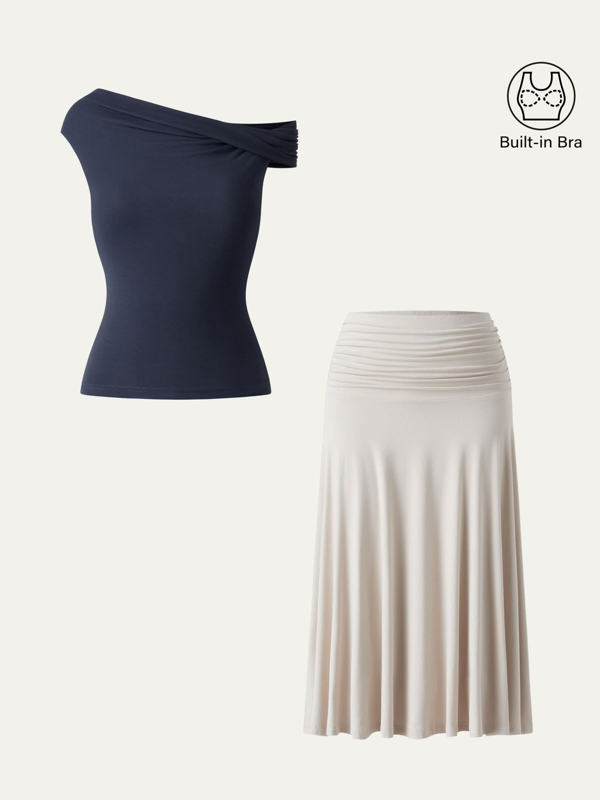 OGLmove Women's Multi-Wear Bra Top & Side Ruched A-Line Midi Skirt Set