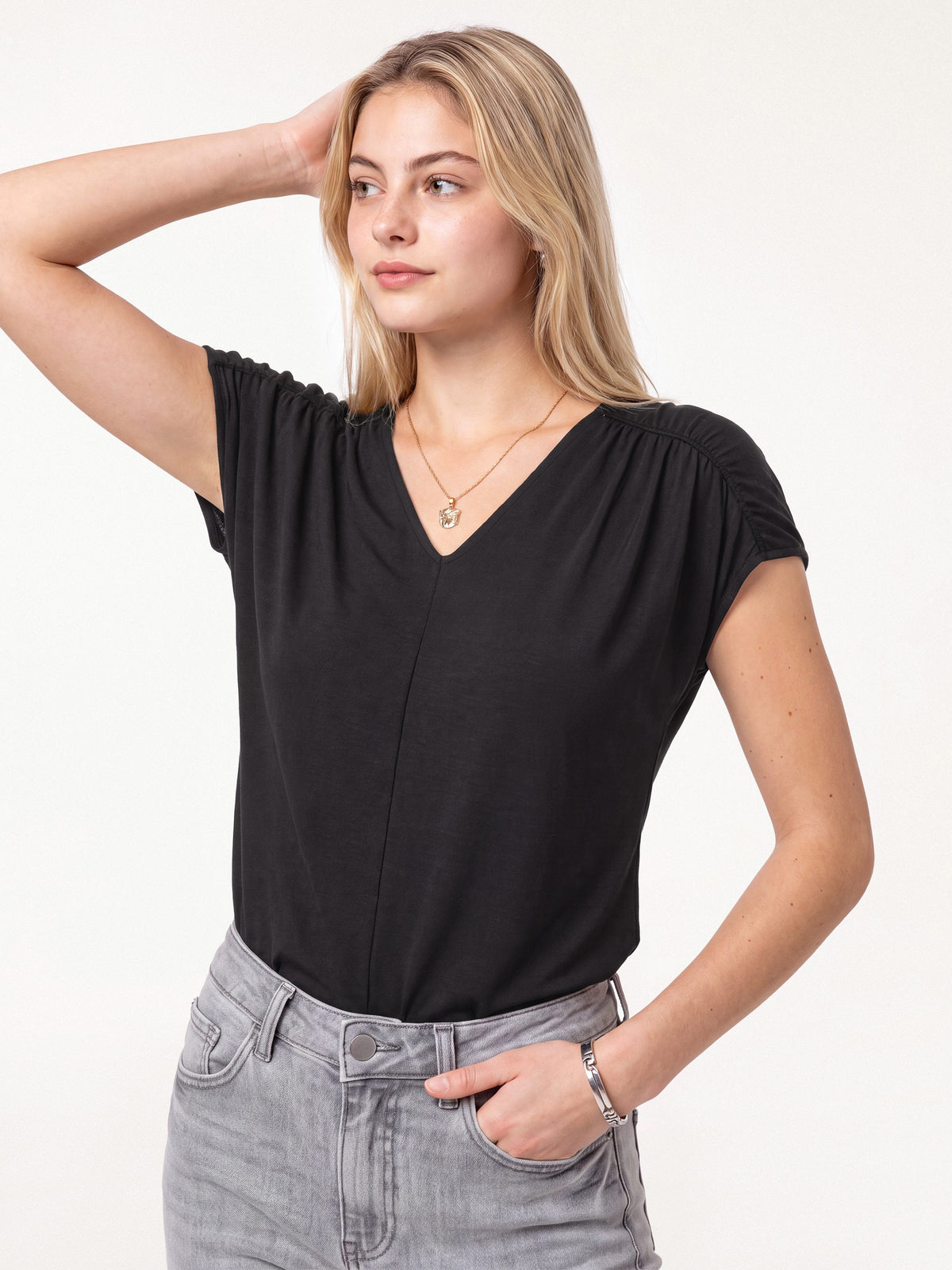 OGLmove Women's Modal Relaxed V-Neck Gathered Shoulder Top