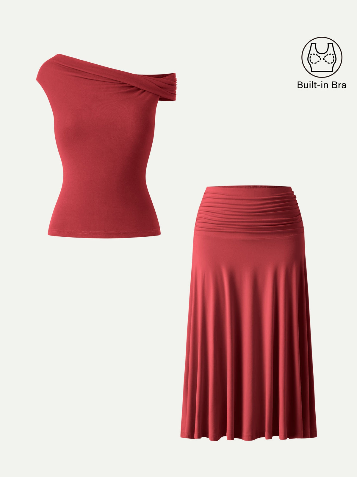 OGLmove Women's Multi-Wear Bra Top & Side Ruched A-Line Midi Skirt Set