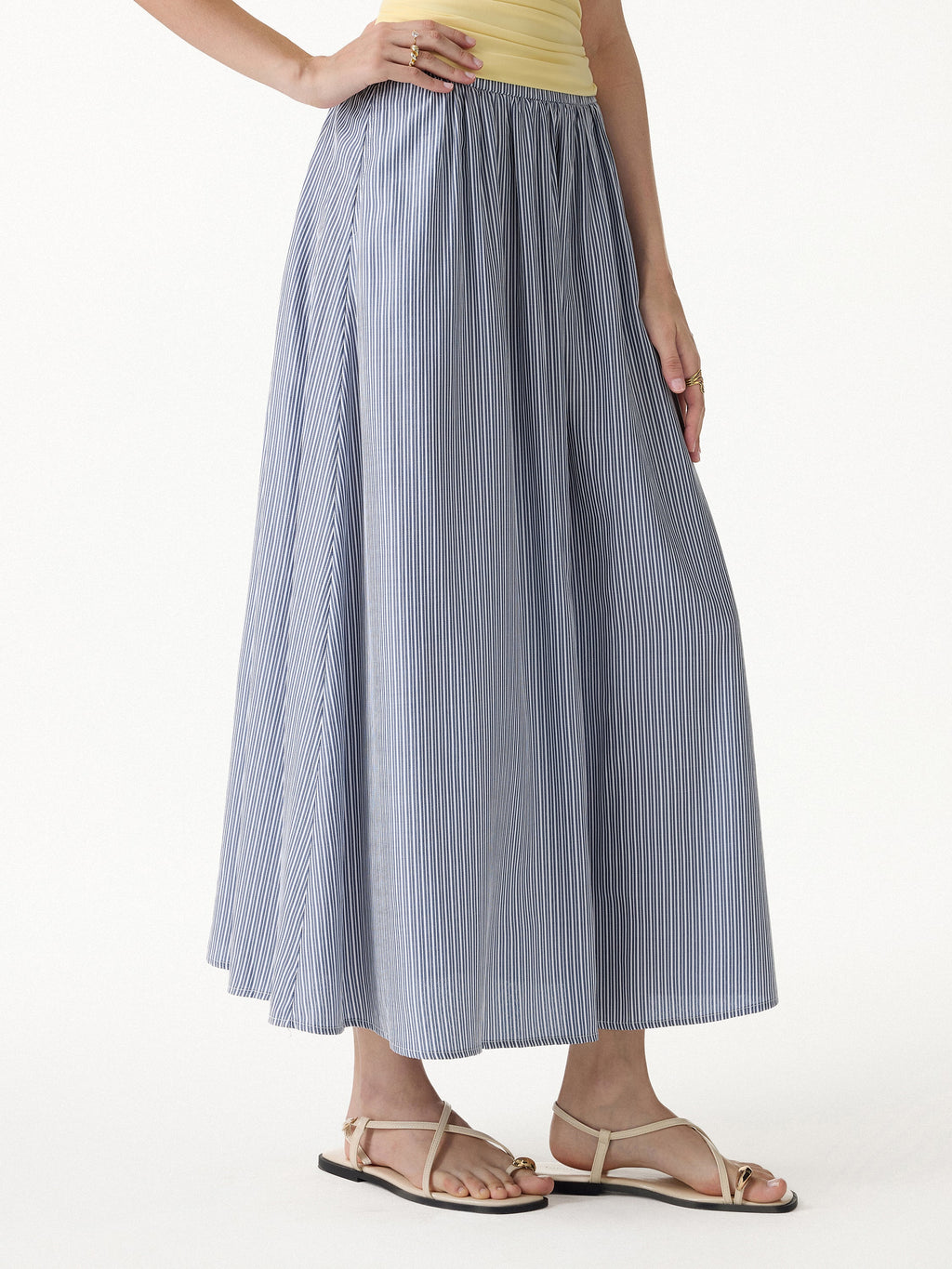 OGLmove Women's Striped Poplin High Rise Umbrella Midi Skirt with Pockets