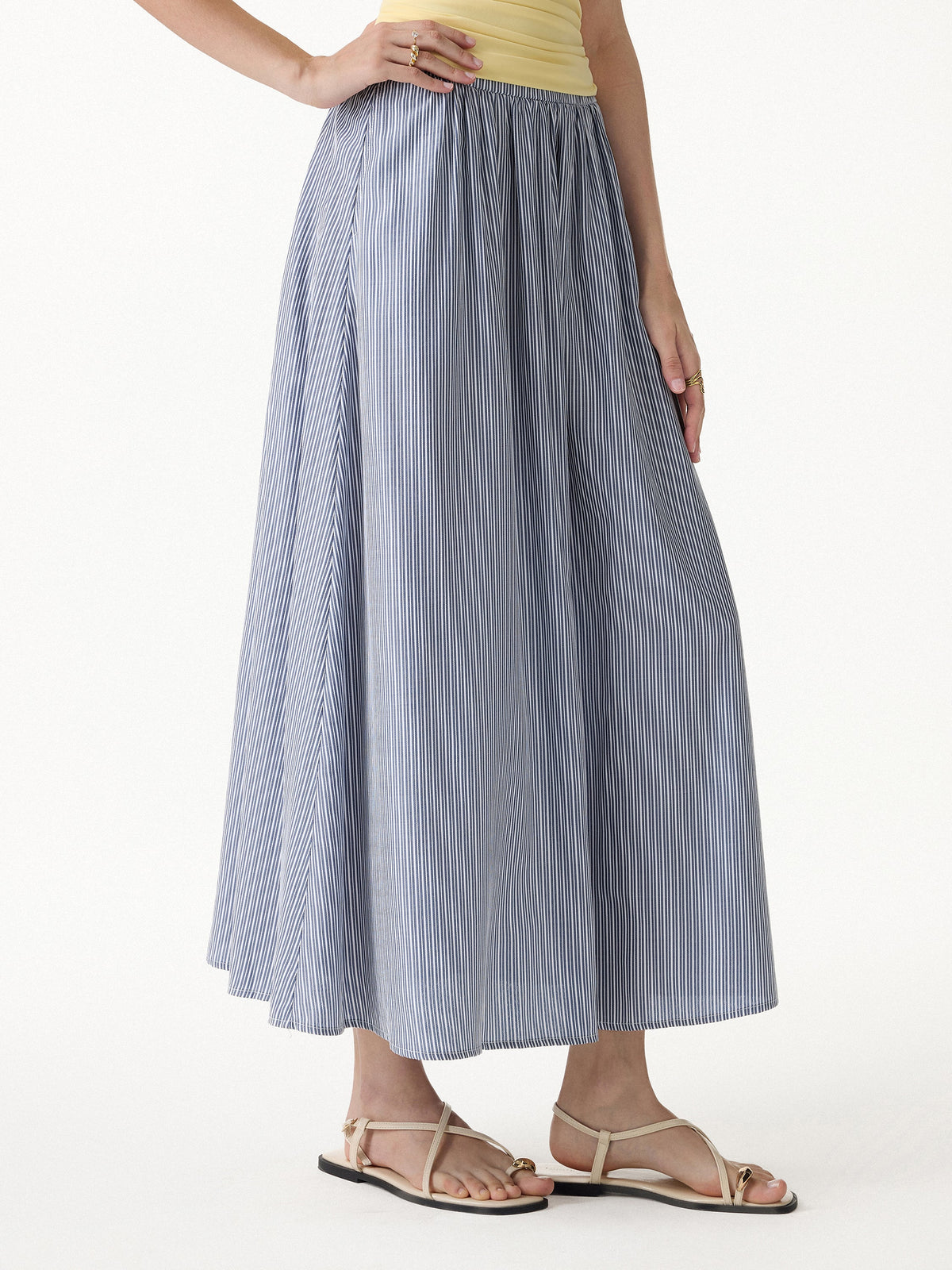 OGLmove Women's Striped Poplin High Rise Umbrella Midi Skirt with Pockets