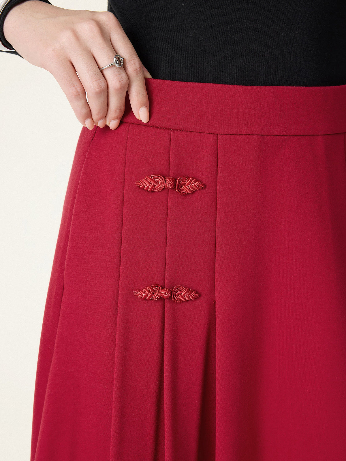 OGLmove Women's Pleated Frog Button Decor Midi A-Line Skirt