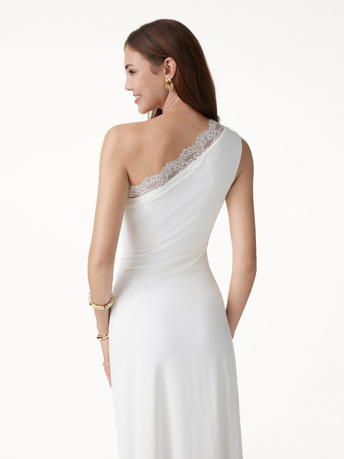 OGLmove Women's Lace Trim One Shoulder Ruched Midi Bra Dress