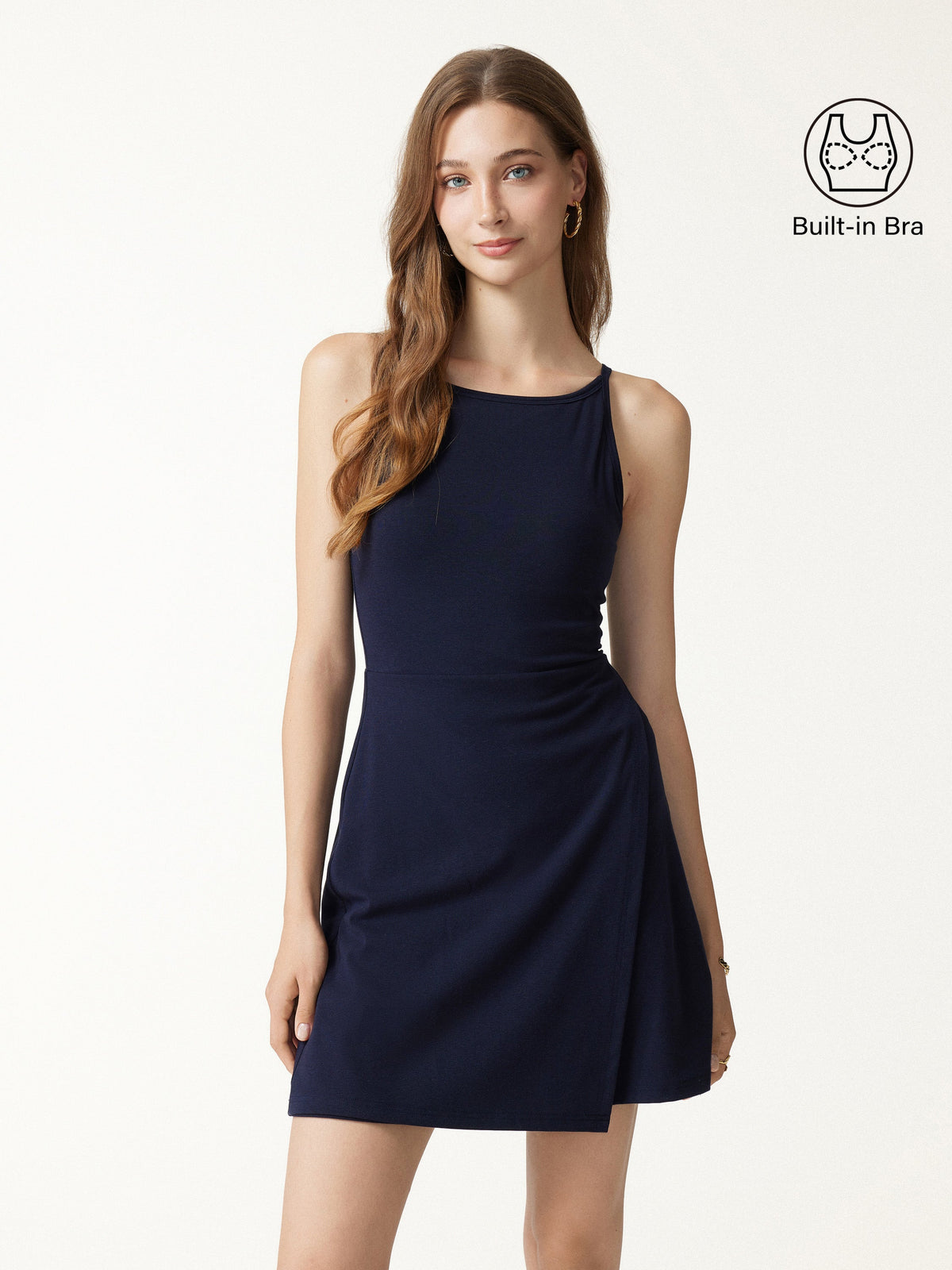 OGLmove Women's Viscose-Cotton Boatneck Sleeveless Wrap Mini Bra Dress