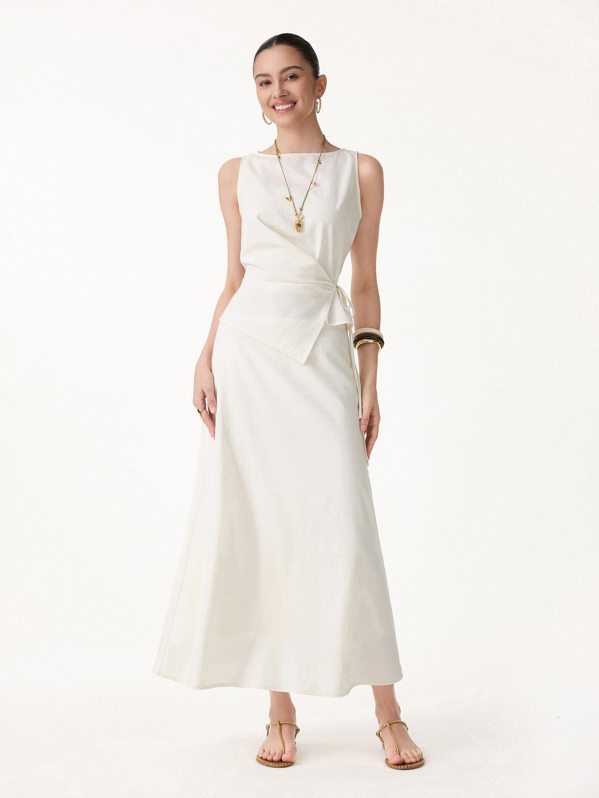 OGLmove Women's Stretch Cotton Boatneck Waist-Defined Top & Maxi Flared Pull-On Skirt Set