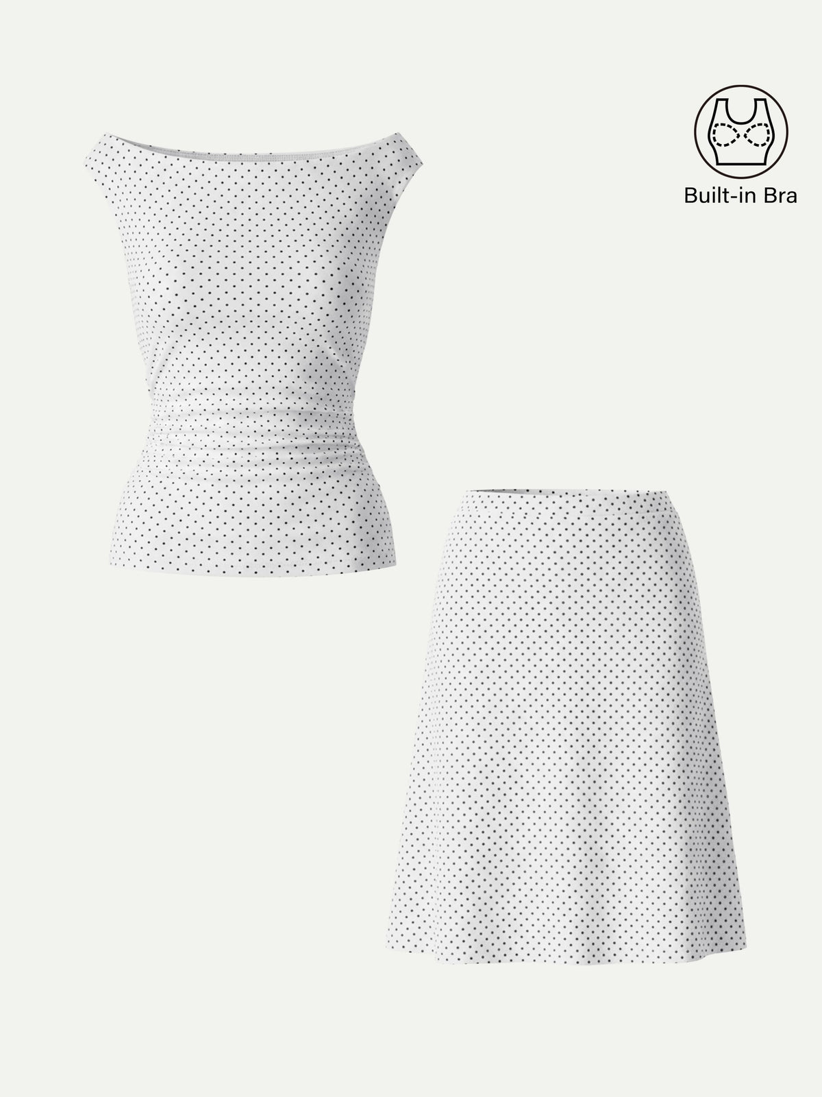 OGLmove Women's Polka Dot Boatneck Bra Top & A-Line Flare Skirt Set