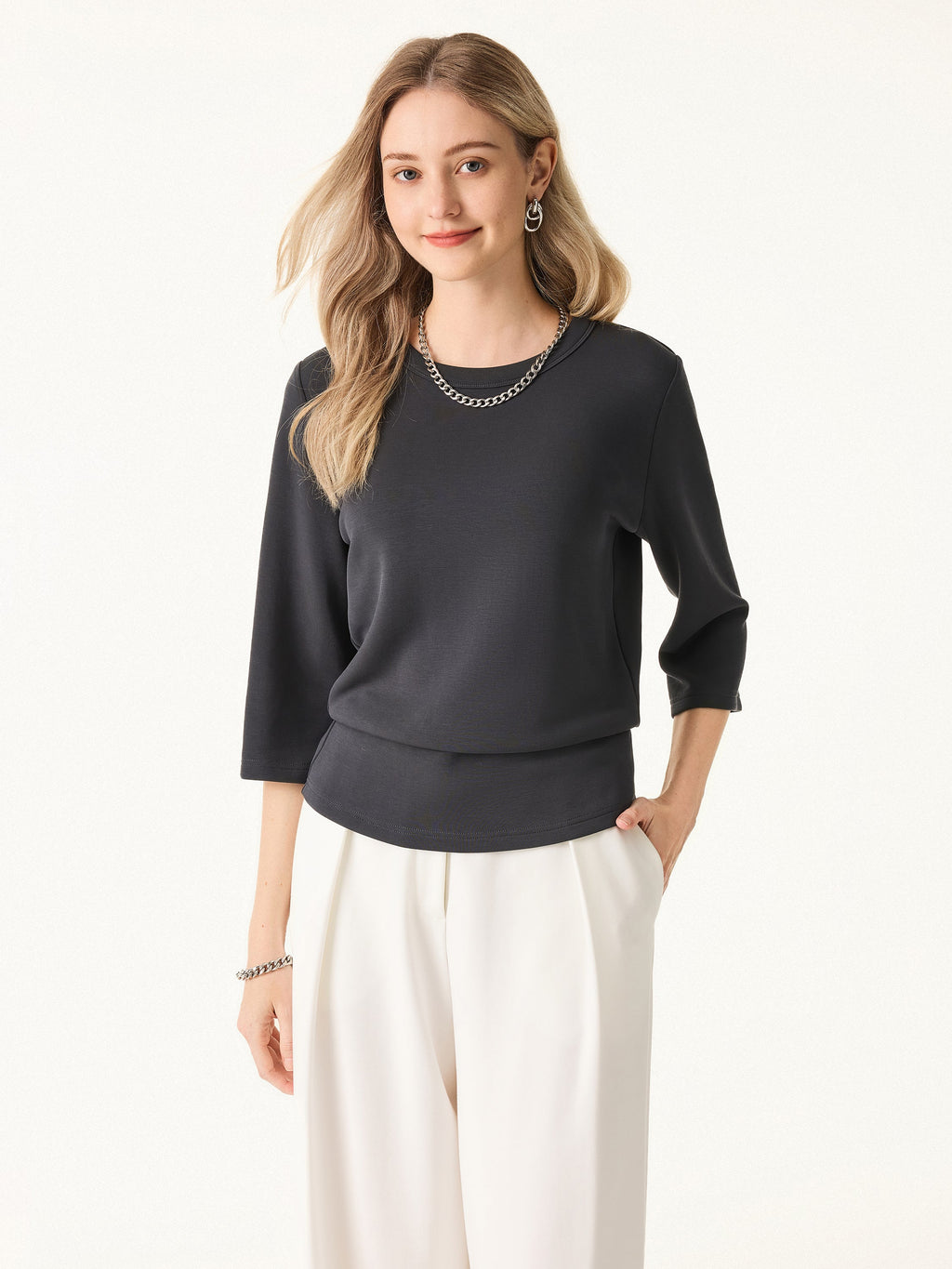 OGLmove Women's Sandwashed Spacer Crewneck 3/4 Sleeve Top