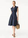 OGLmove Women's Viscose-Linen Collared V-Neck Midi Dress with Drawstring