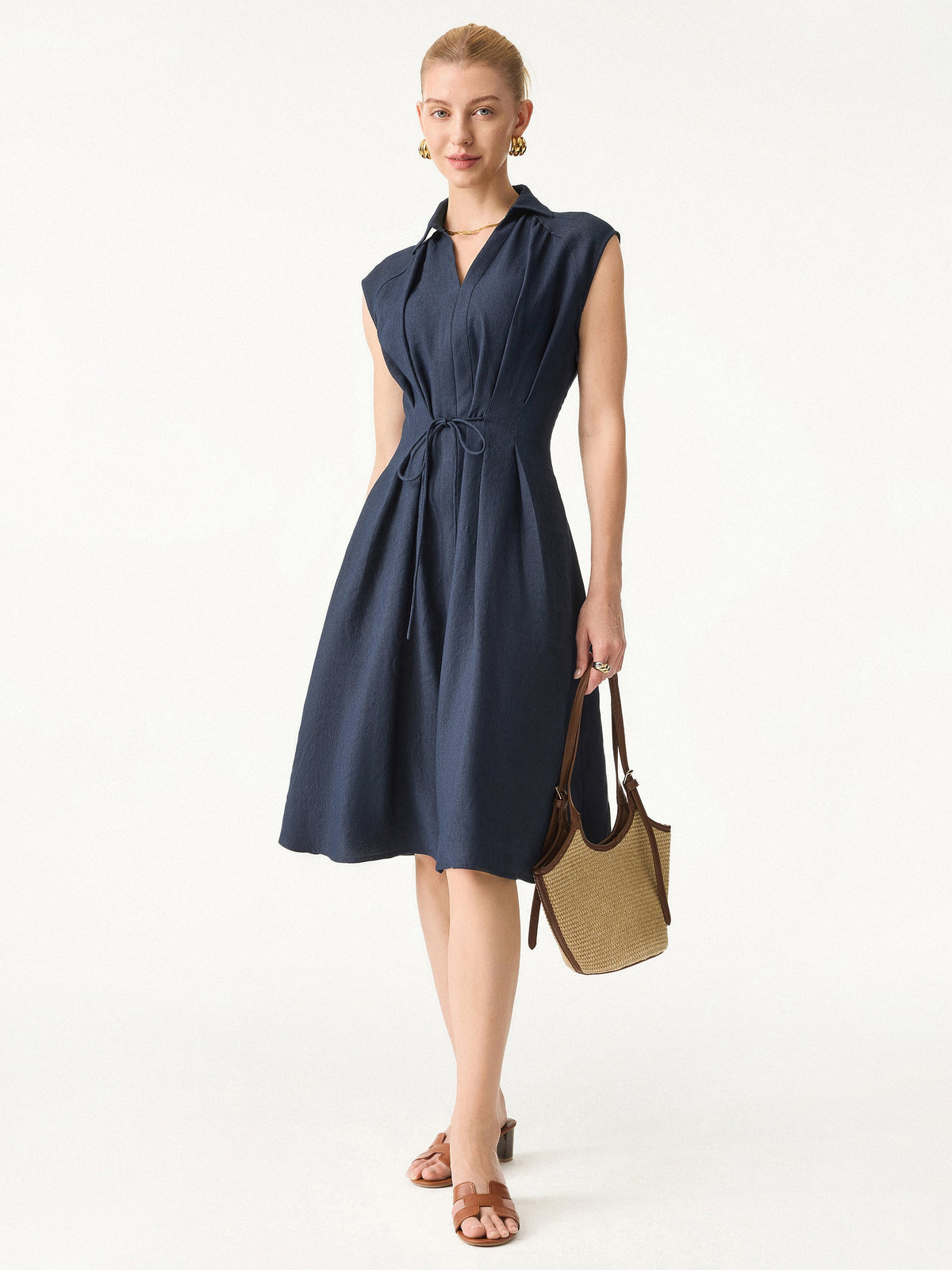 OGLmove Women's Viscose-Linen V-Neck Drawstring Midi Dress