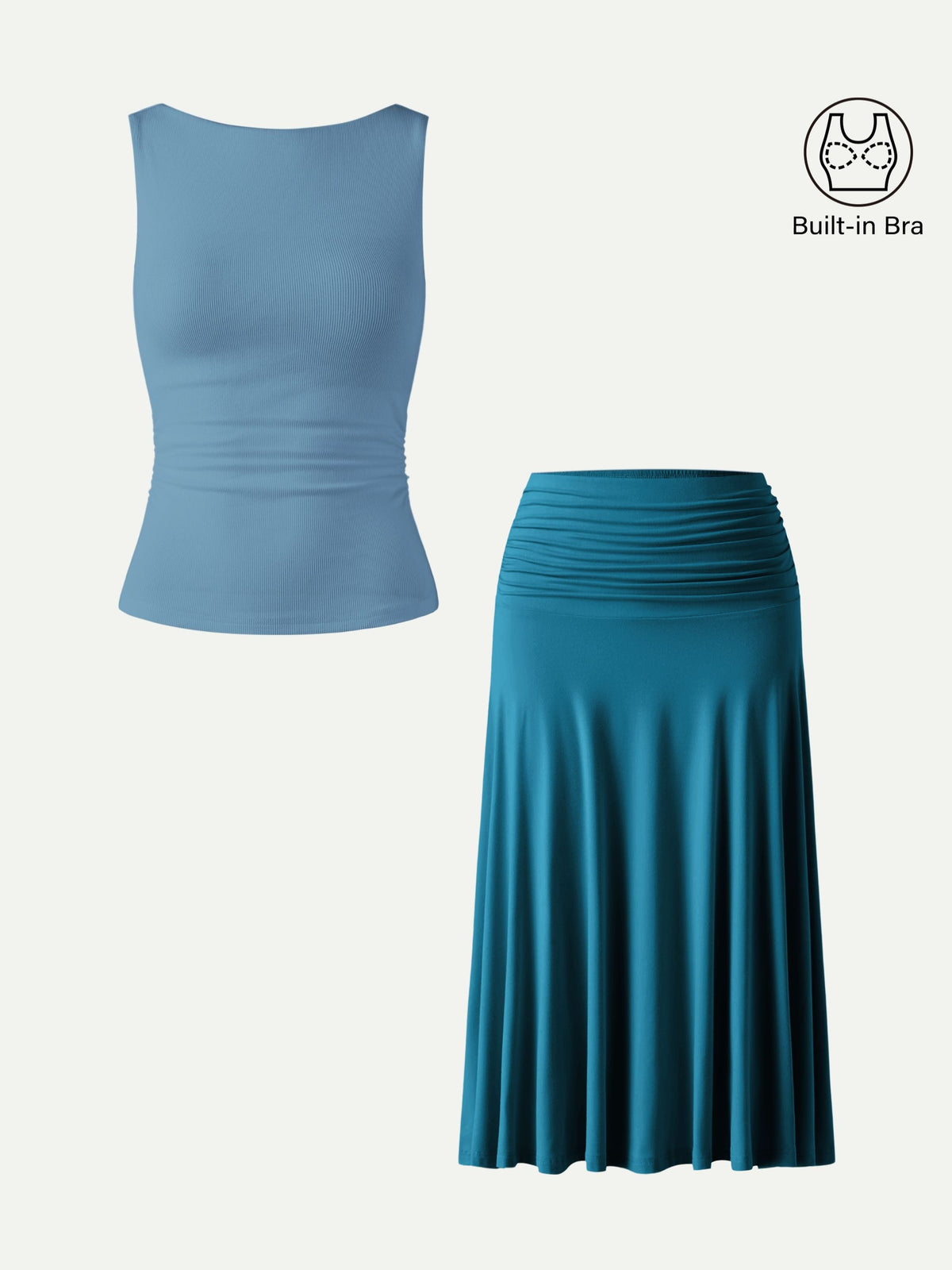 OGLmove Women's Open Back Bra Tank & Side Ruched A-line Midi Skirt Set