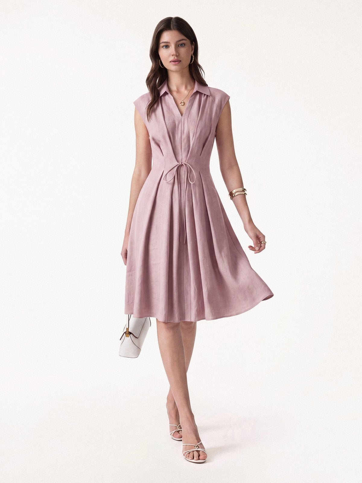 OGLmove Women's Viscose-Linen V-Neck Drawstring Midi Dress