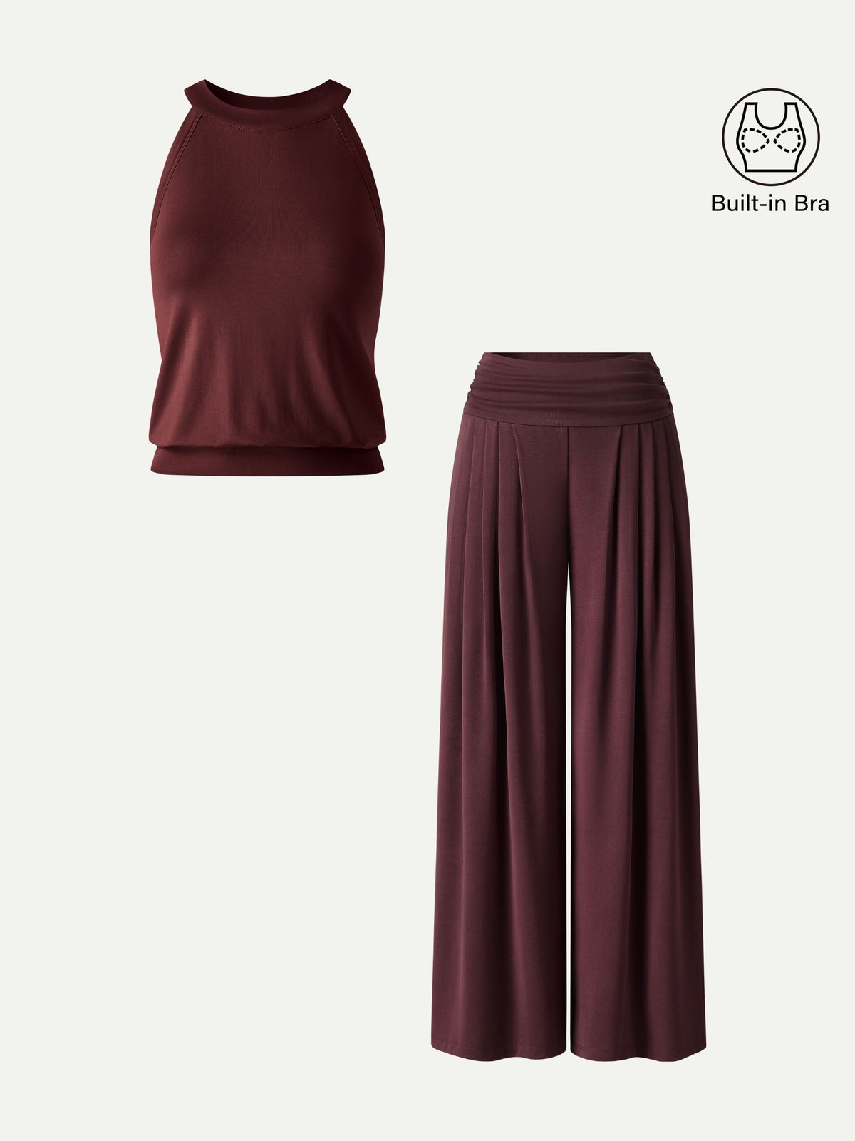 Women's Halter Neck Bra Tank & Tucked Pant with Pockets 2-Piece Set