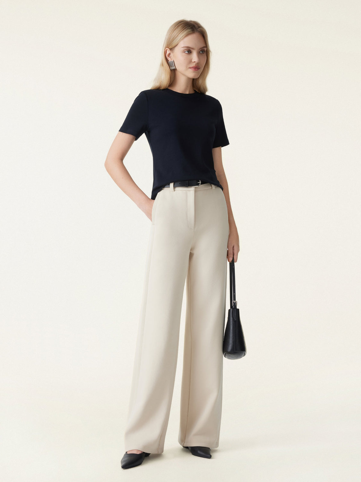OGLmove Women's Stretchy Mid Rise Fly-Front Wide Leg Trouser