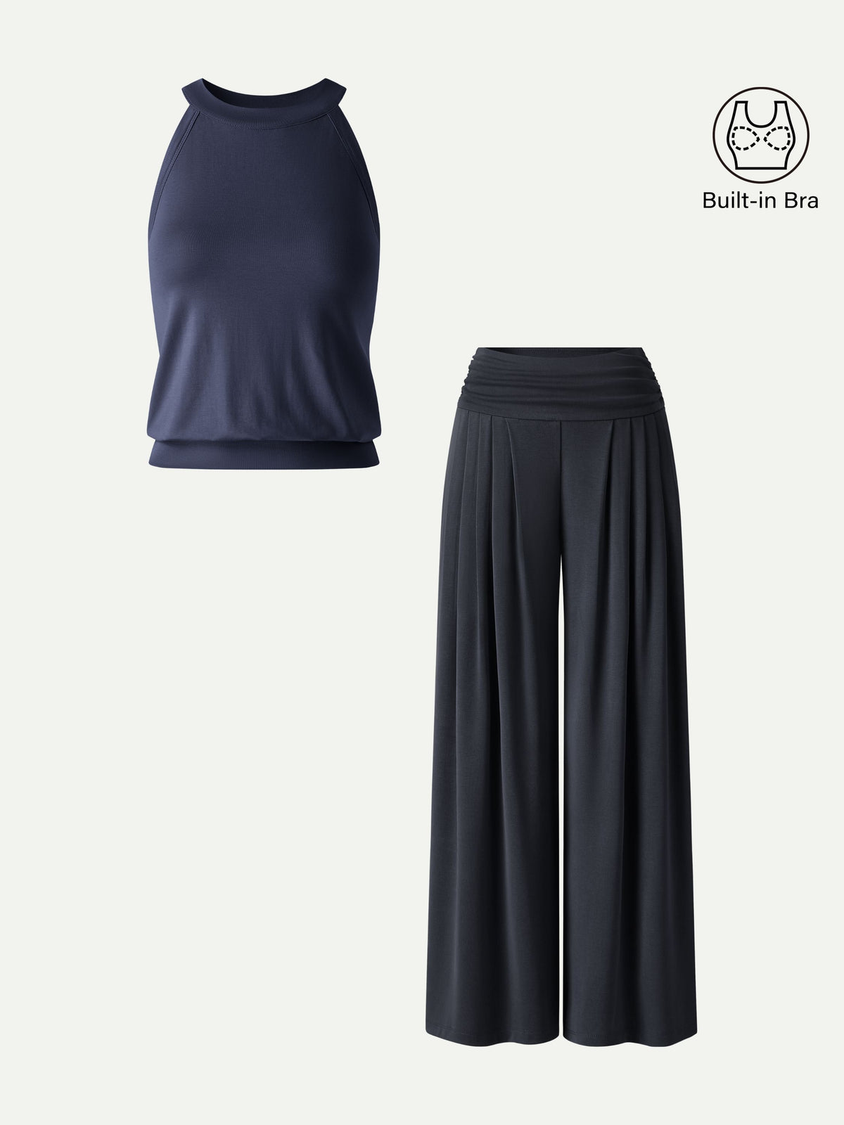 Women's Halter Neck Bra Tank & Tucked Pant with Pockets 2-Piece Set