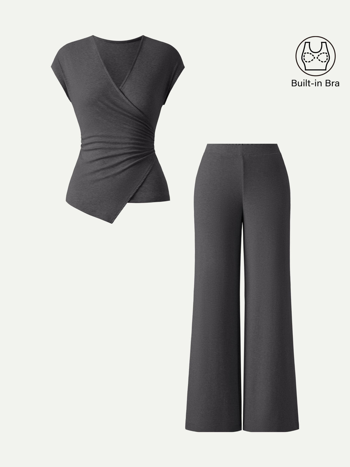 OGLmove Women's Lyocell-Wool Surplice Cap Sleeve Top & Mid-Rise Wide Leg Pants Set with Pockets