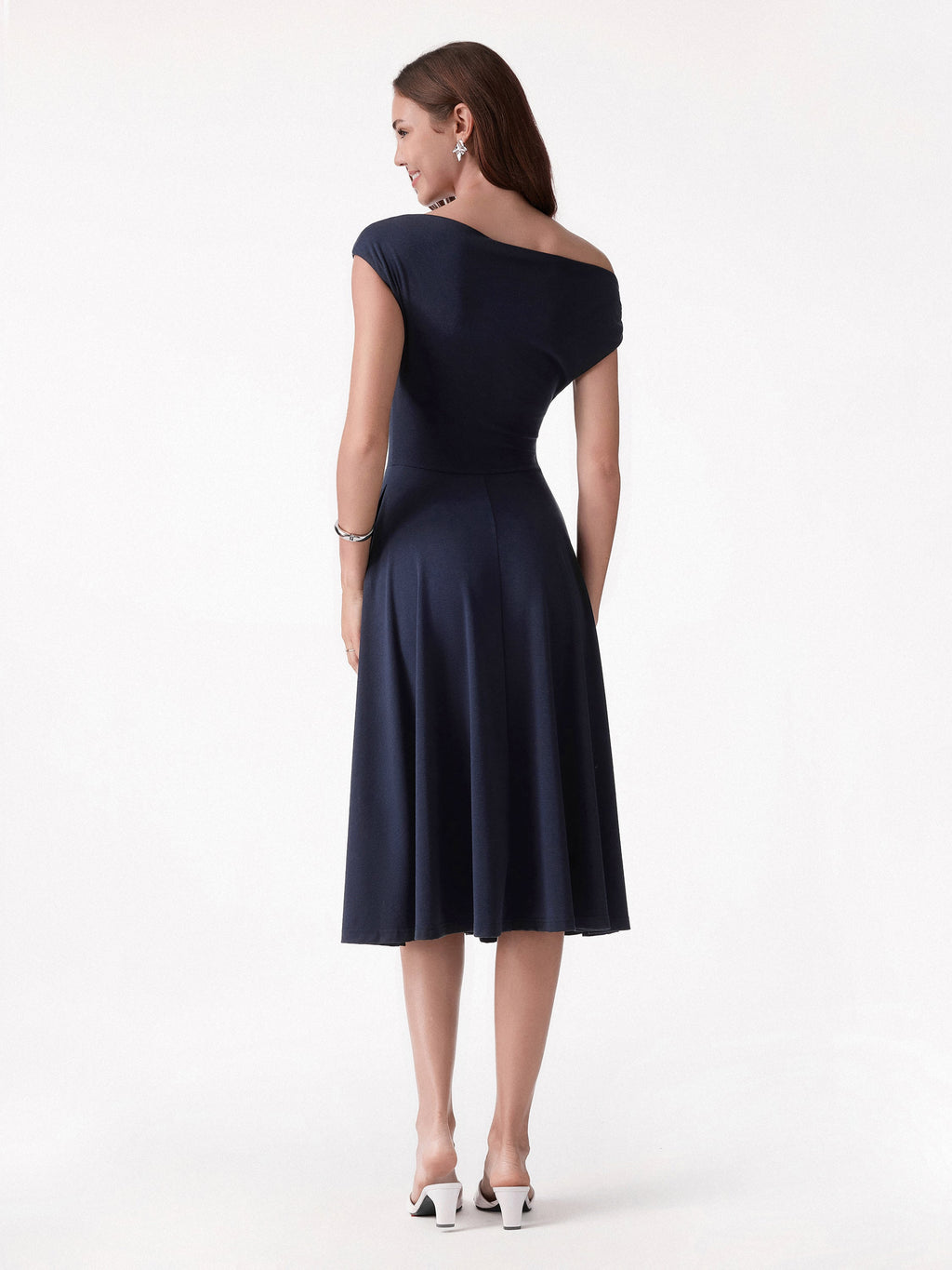 OGLmove Women's Asymmetrical Shoulder Tucked Midi Bra Dress with Pockets