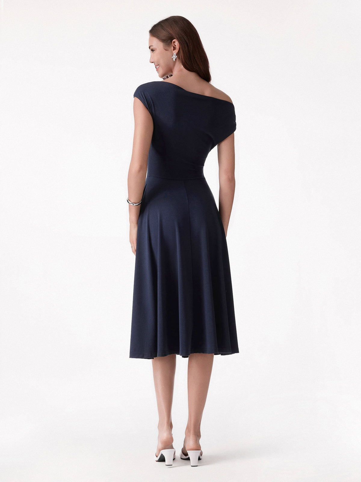 OGLmove Women's Asymmetrical Shoulder Tucked Midi Bra Dress with Pockets