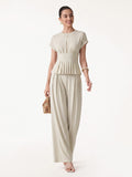 OGLmove Women's Round Neck Short Sleeve Tee & Wide Leg Pants Set with Pockets