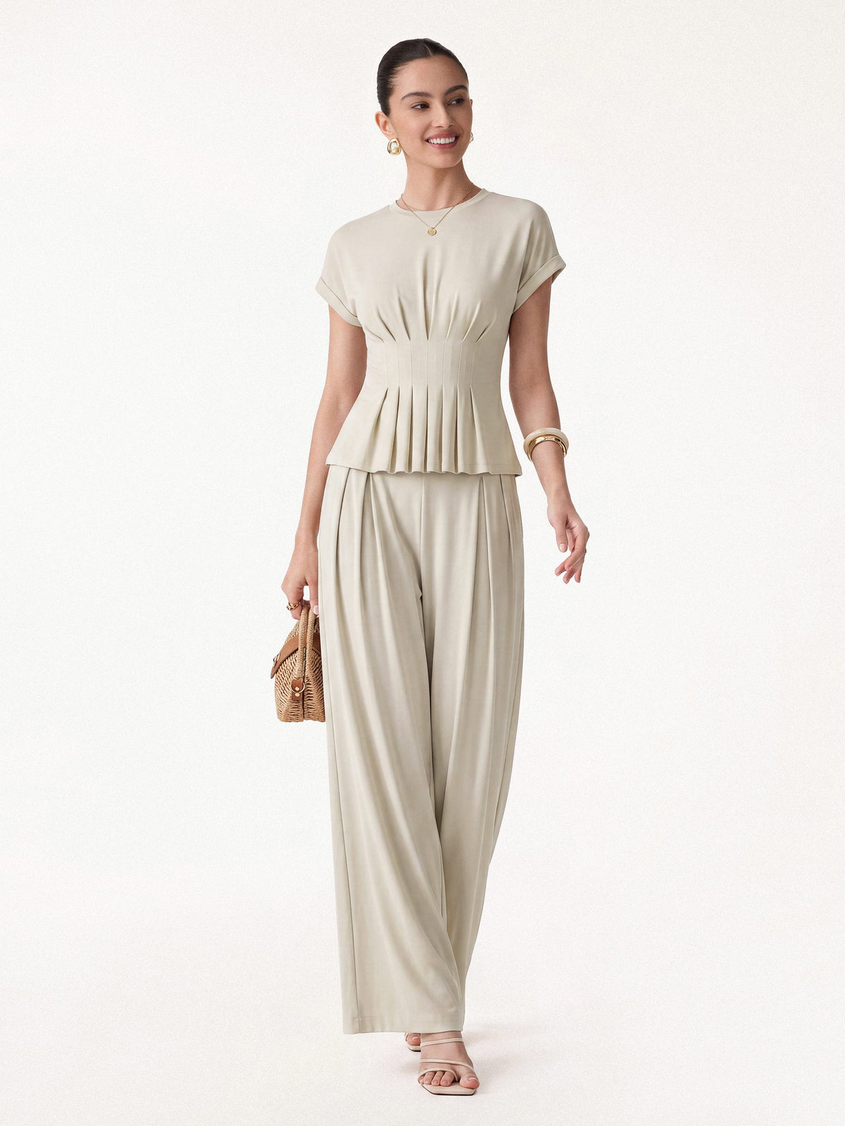 OGLmove Women's Round Neck Short Sleeve Tee & Wide Leg Pants Set with Pockets