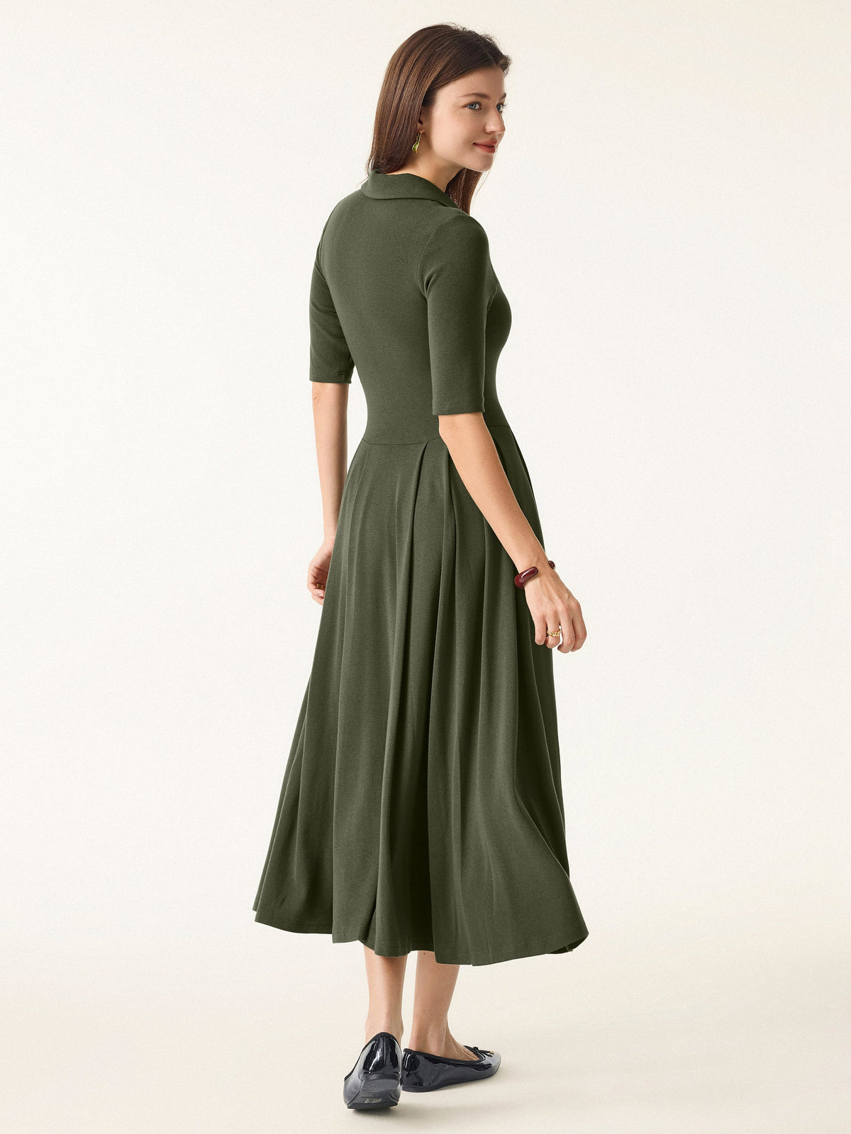 OGLmove Women's Polo Neck Elbow Length Sleeve Midi Bra Dress with Pockets