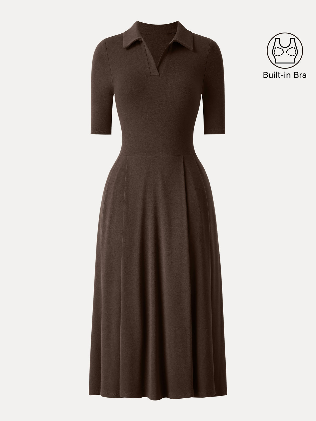 OGLmove Women's Polo Neck Elbow Length Sleeve Midi Bra Dress with Pockets