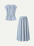 OGLmove Women's Drawstring Waist Poplin Shirt & High Rise Midi Skirt Set with Pockets