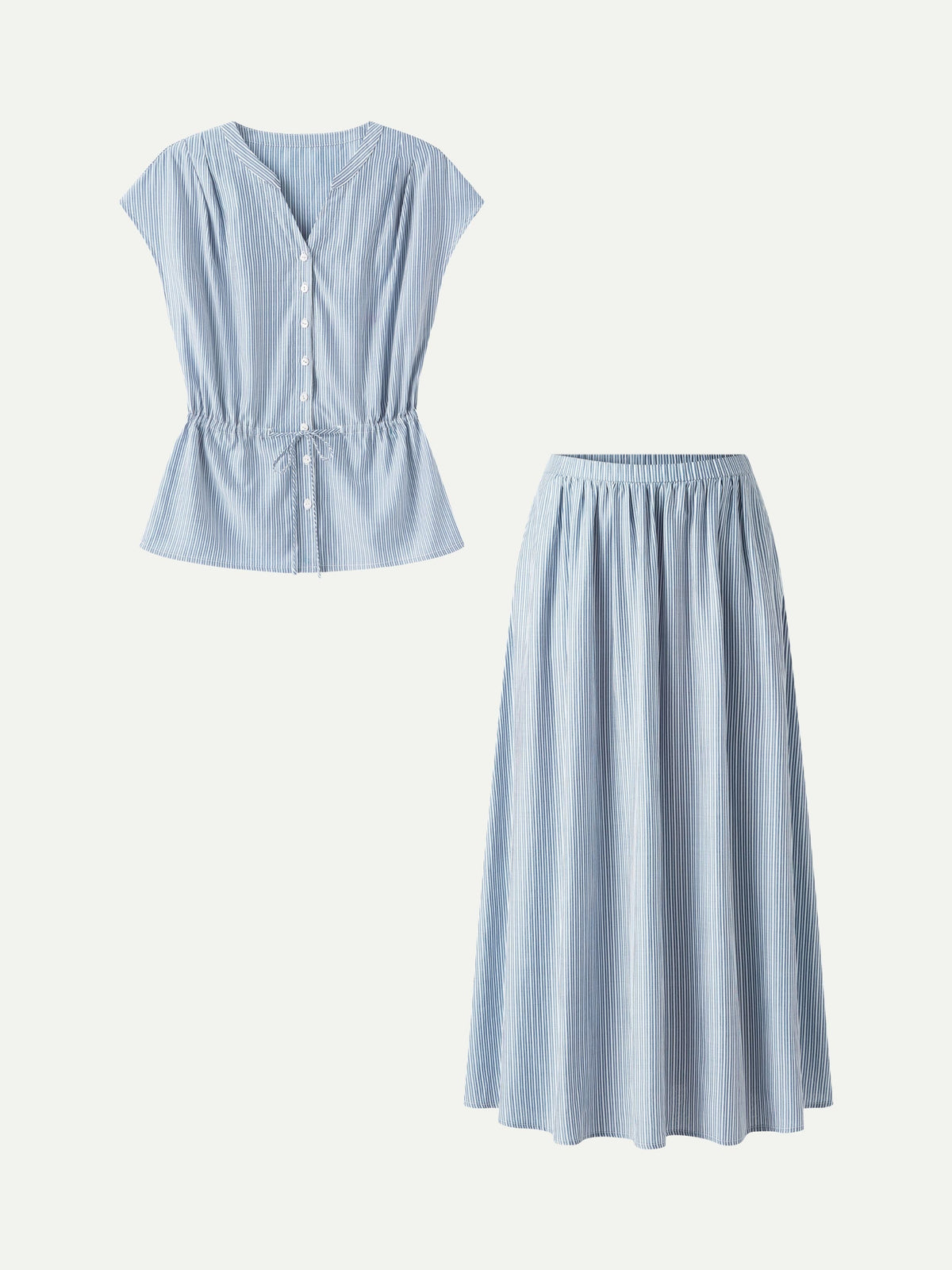 OGLmove Women's Drawstring Waist Poplin Shirt & High Rise Midi Skirt Set with Pockets